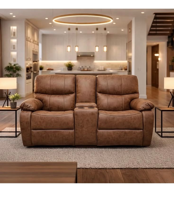 Soft comfort leather 2 seater manual recliners with console ,cup holders
